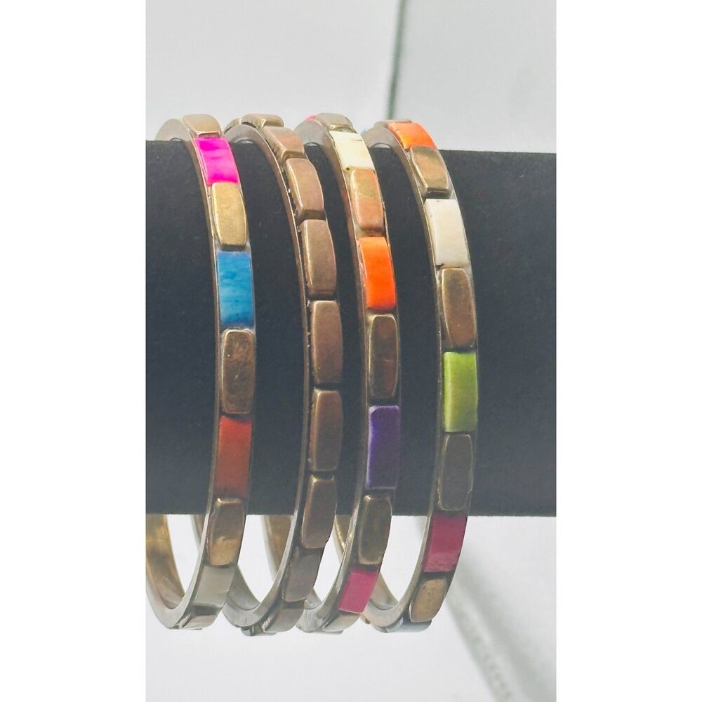 VTG Copper Tone Color Block Bangle Bracelets Set 4Enamel Inlay Stackable Boho